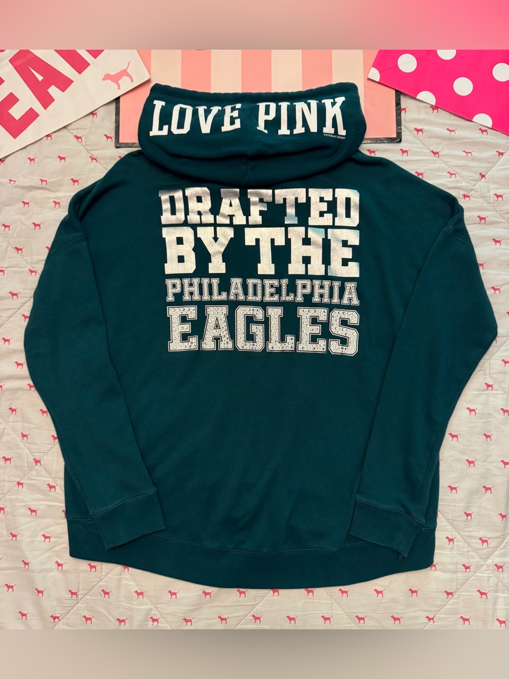 VS PINK VINTAGE FULL ZIP BOYFRIEND HOODIE SWEATSHIRT PHILADELPHIA EAGLES BLING L